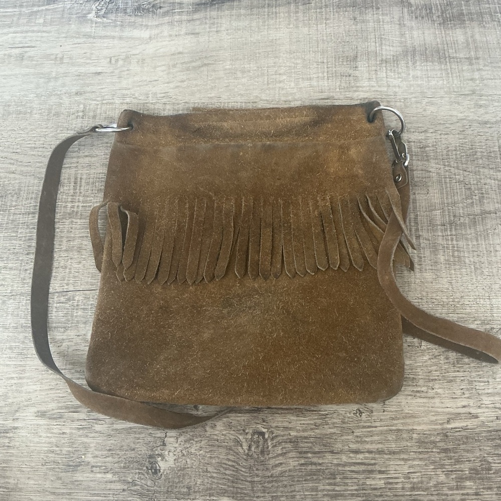 Vintage Mid Century Suede Fringe Crossbody Bag Handmade Leather Boho Festival